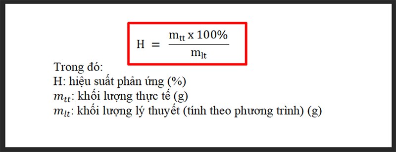 Hình ảnh công thức tính hiệu suất phản ứng H