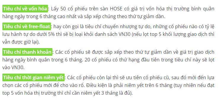 Những tiêu chí để được chọn vào VN30
