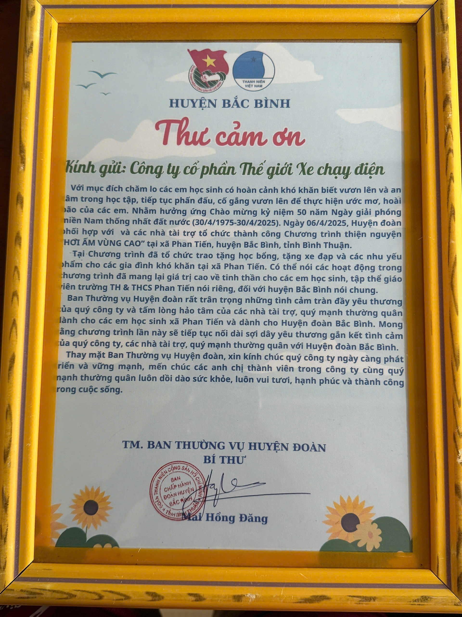 Huyện Đoàn Bắc Bình bày tỏ lòng biết ơn qua thư cảm ơn gửi đến Thế Giới Xe Chạy Điện