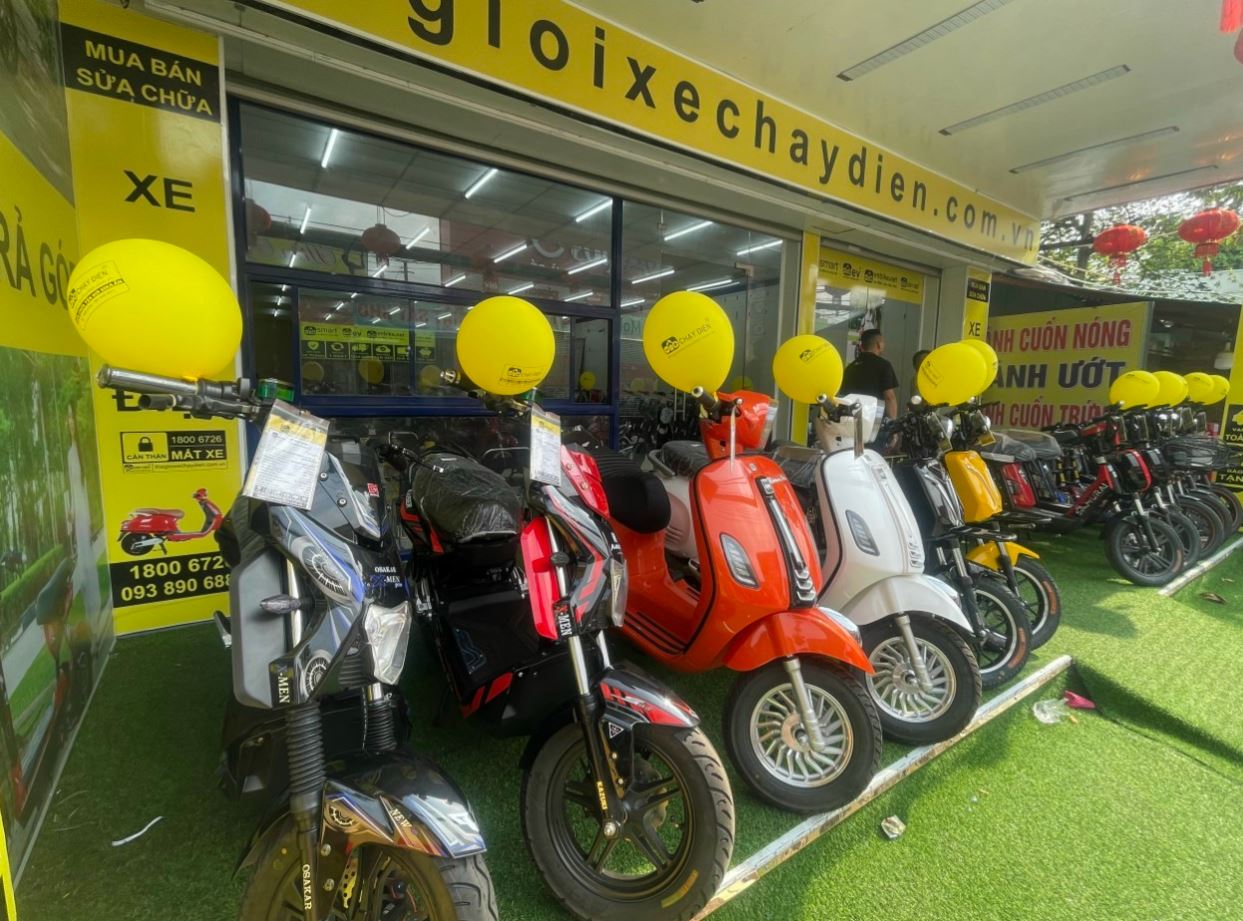 Những mẫu xe điện tại cửa hàng được xếp gọn gàng, ngay ngắn cùng trên thảm xanh