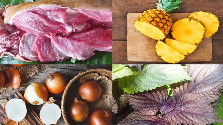 Để làm được món ăn ngon này, bạn cần chuẩn bị thịt dê, bún tươi, lá tía tô, thơm, tỏi băm, hành tây, rau ăn kèm, mè rang, nước dừa, giấm,….