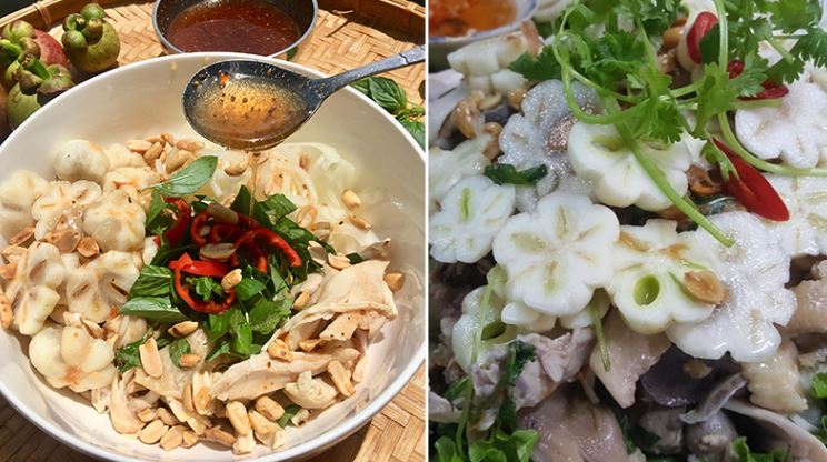 Bạn cho tất các các nguyên liệu bao gồm măng cụt, thịt gà và các nguyên liệu đi kèm vào trộn đều như gỏi thông thường
